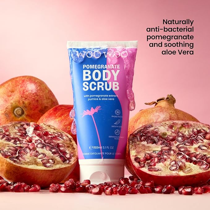 WooWoo Natural Pomegranate Body Scrub - Exfoliating Vegan Formula with Pumice & Aloe Vera | Smooths Skin, Helps Hyperpigmentation & Prevents Ingrown Hairs | 5 oz (150 ml)