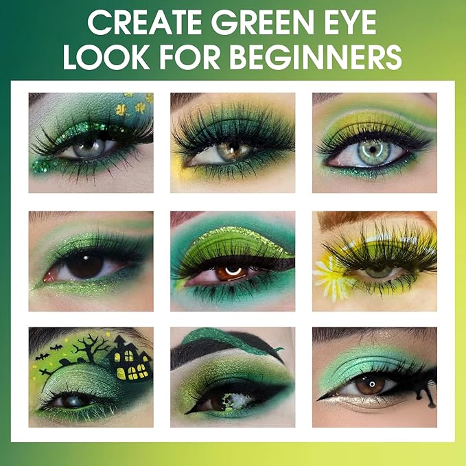 Green Eyeshadow Palette 9 Colos, Highly Pigmented Matte Shimmer Glitter Lime Forest Green Eye Shadow Palette for Hazel Eyes, Long Lasting Dark Emerald Wicked Makeup for Daily,Festival, Blendable,Vegan