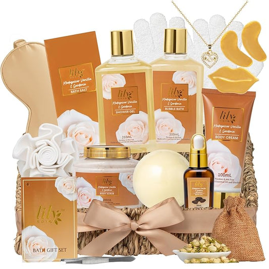 Mothers Day Gifts for Women - 17Pcs Vanilla Bath and Body Gift Basket Set for Women Spa Gift Baskets Spa Kit | Gifts for Christmas, Valentines Day, Birthday Gift, Self Skin Care Gift Sets for Her