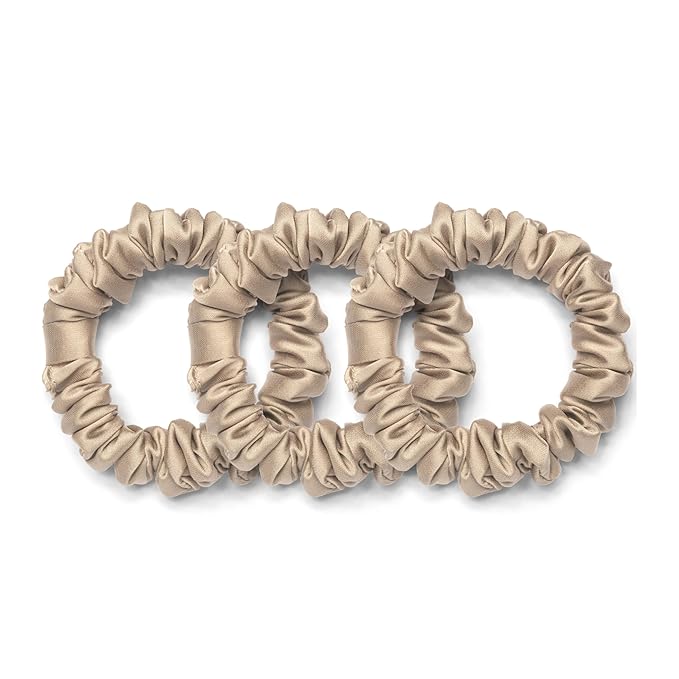 Rizos Curls Vegan Silk Mini Scrunchie - Gente Hold For No Crease and Breakage Protection, Damage & Frizz Free Hair Tie, 3-Pack, Nude