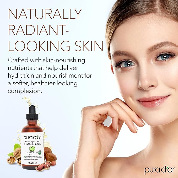 PURA D'OR 4 Oz Organic Vitamin E Oil 70,000 IU, USDA Certified Face, Body, Hair & Bath Oil with Argan, Jojoba, Rosehip, Apricot, Almond & Avocado, Lightweight Moisturizing Blend for Soft, Smooth Skin