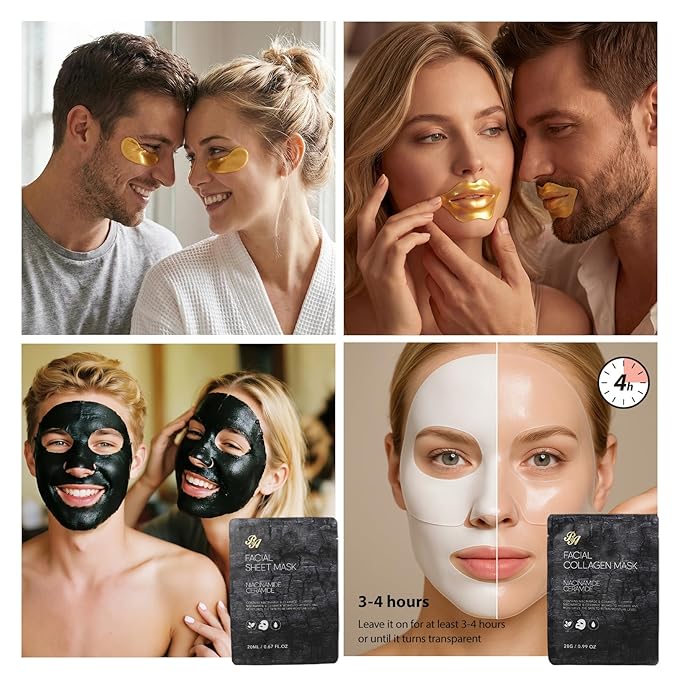 55 Pcs Valentines Day Gifts for Women & Men, Charcoal Face Sheet Mask Pack, Hydrating Skin Care Set, Hydrolyzed Mask, Hyaluronic Acid Serum, Self Care Kit, Birthday, Christmas, Dad, Mom