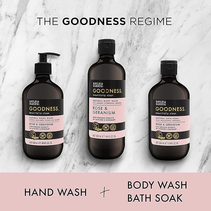 Baylis & Harding Goodness Rose & Geranium Natural Bath Soak 16.9 fl. oz (Pack of 3) - Biodegradable Formula - Vegan Friendly