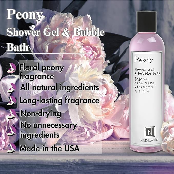 Nabila K Peony Shower Gel & Bubble Bath, 9 oz – Non-Drying Body Wash with Jojoba, Aloe Vera & Vitamins – Naturally-Derived, Sulfate-Free – Made in USA – For Men & Women