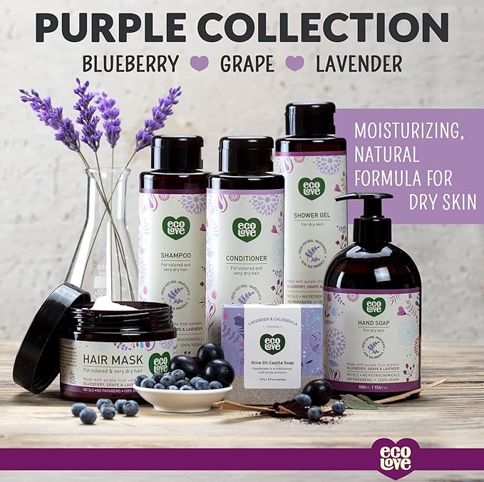 ecoLove - Natural Moisturizing Body Wash for Dry Skin - Organic Blueberry, Grape & Lavender - No SLS or Parabens - Vegan and Cruelty-Free Shower Gel, 17.6 oz