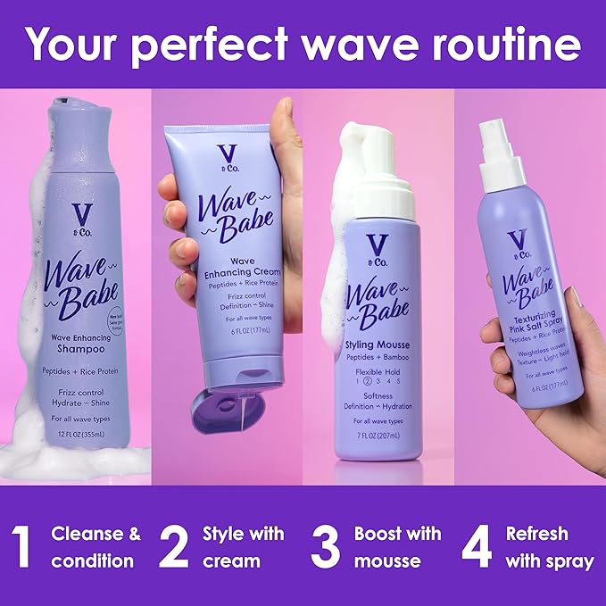 V&Co. Wave Babe Wavy Hair Shampoo, Sulfate Free & Paraben Free Hydrating Hair Care with Rice Protein & Peptides for Frizz Control & Wave Definition – 12 fl oz