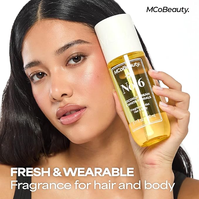 MCoBeauty - Fragrance Mist No. 6 - Light Body Mist and Hair Perfume Coconut Cream & White Florals, Tropical Notes for Day or Night - Vegan, Cruelty Free - Gifts for Women, Feminine Spray - 90ml Bottle