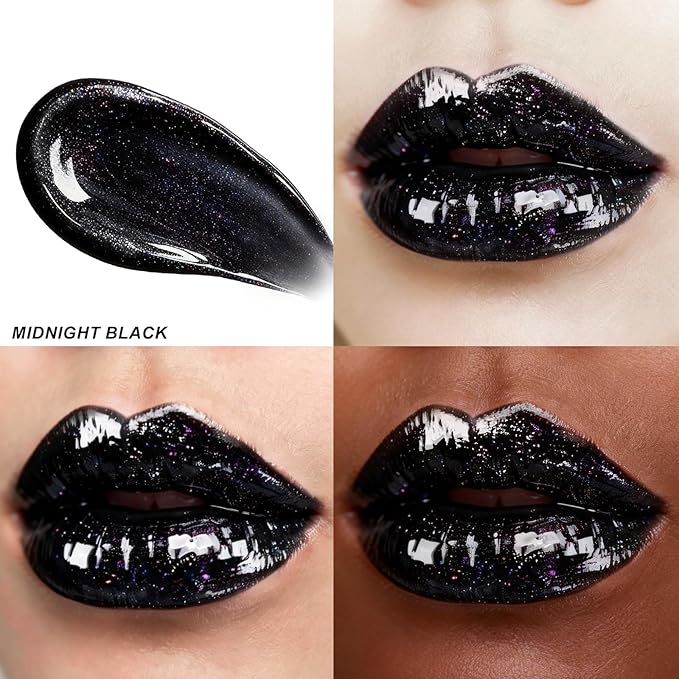 Hydrating Lip Gloss with High Shine,Nourishing Gloss for Reducing Lip Lines, Glitter Lip Makeup for Smooth Juicy Lips, Non Sticky, Blackberry Scent, Vegan & Cruelty-free, Midnight Black