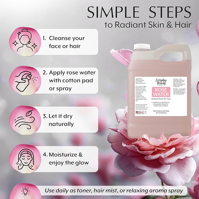Rose Water Facial Toner - 32oz Bulk Alcohol-Free Vegan All Natural Refreshing for Face and Hair - Uplifts, Calming & Soothing for All Skin Types (Pack of 2)