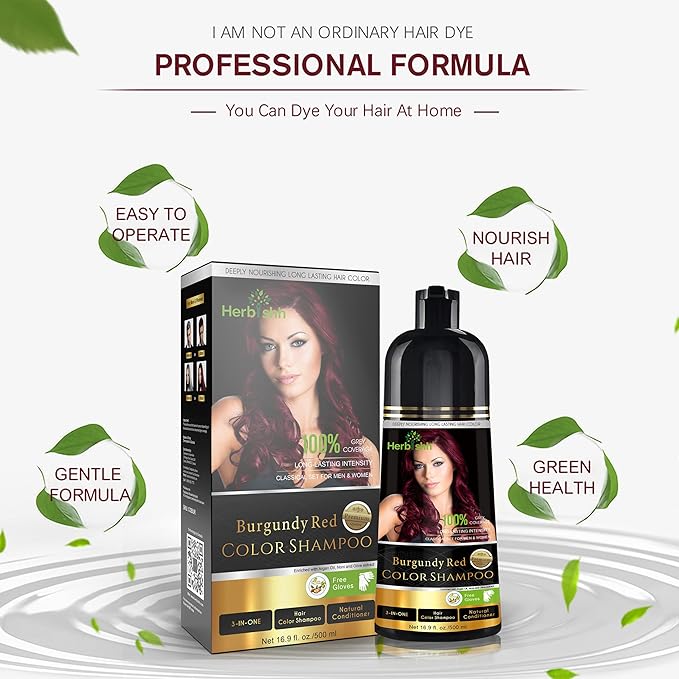Herbishh Color Shampoo for Gray Hair Coverage (Burgundy) –Hair Dye 3-in-1 Shampoo- Colors in Minutes – Lasts Up To 2-3 Weeks – 500 mL – Ideal for Men & Women