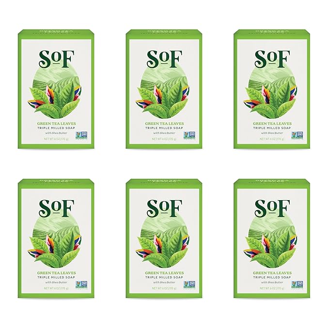 SoF Triple Milled Bar Soap - With Coconut Oil & Organic Shea Butter- Vegan & Non GMO- Free From Phthalates, Sulfates & Parabens- Green Tea Leaves - 6 oz Bar 6 Bars