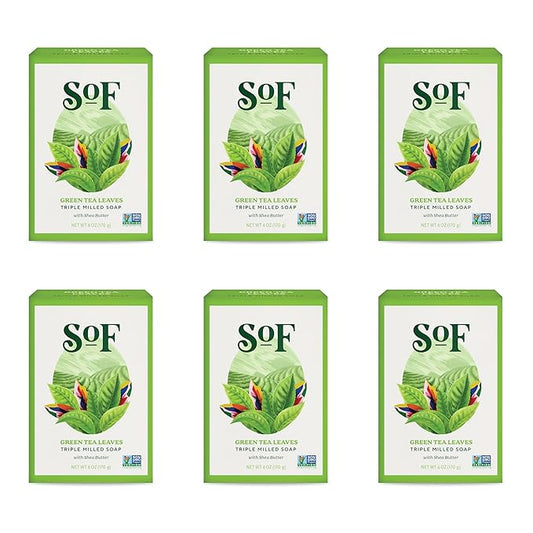 SoF Triple Milled Bar Soap - With Coconut Oil & Organic Shea Butter- Vegan & Non GMO- Free From Phthalates, Sulfates & Parabens- Green Tea Leaves - 6 oz Bar 6 Bars