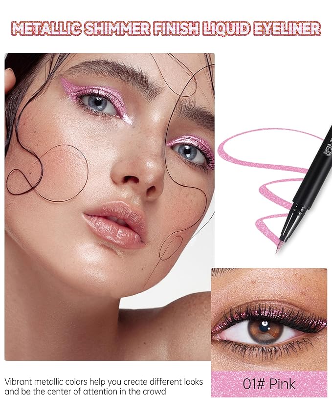 Metallic Pink Glitter Liquid Eyeliner, Diamond Shimmer Waterproof Eyeliner Pen, Sparkle Colored Eyeliner Long-Lasting, Ultra-Fine Tip Smudge-Proof, Quick-Drying, High Pigmented Eye Makeup for Women-01