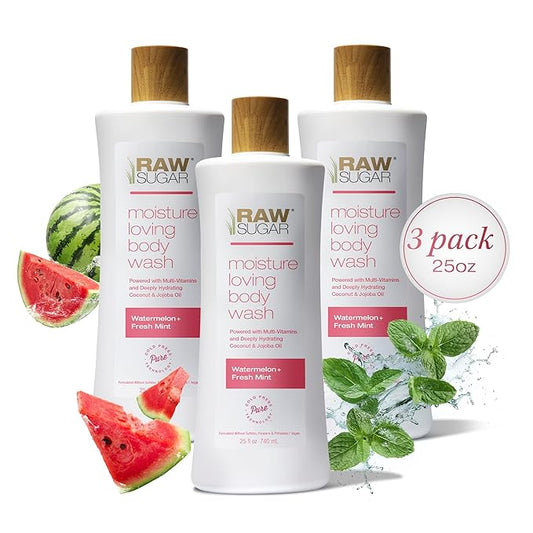 RAW SUGAR Watermelon Mint Refresh Gentle & Hydrating Body Wash, 20 Fl Oz (Pack of 3), Moisturizing & Refreshing Bath & Shower Gel, Vegan, Formulated without SLS/SLES & Parabens