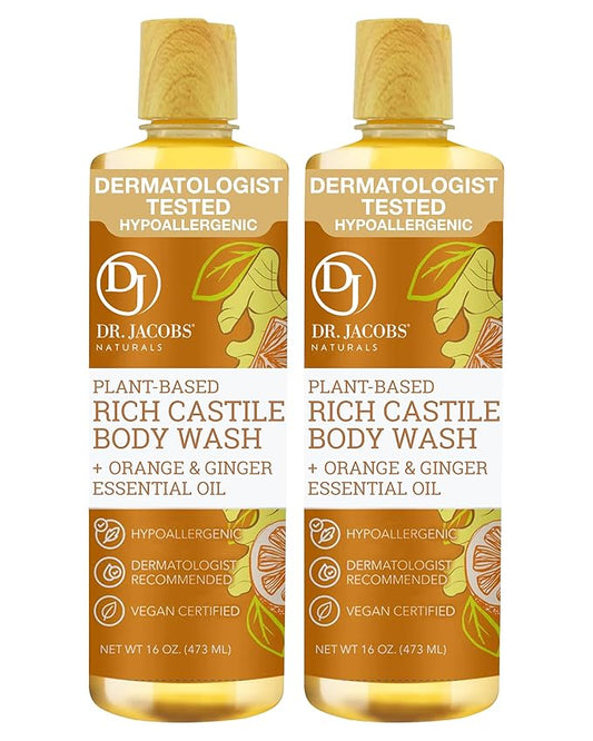 Dr. Jacobs Naturals Pure Castile Soap Liquid Body Wash, Orange & Ginger - Plant Based Soap Infused with Vitamin E & Aloe Vera to Moisturize Dry and Sensitive Skin - Made in The USA - 16 oz, Pack of 2