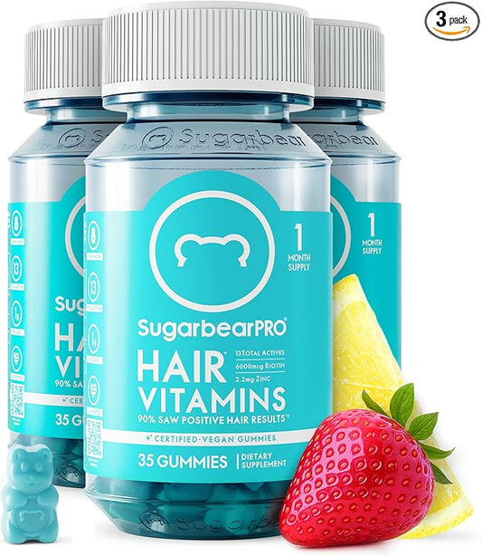 SugarBearPro Hair Vitamin Gummy 3 Month Supply Extra Strength Biotin 6000mcg, Growth for Men & Women, Vegan Vitamin B12, MSM, Inositol, Omega 3, Elderberry, Certified Kosher, Halal, Cruelty-Free