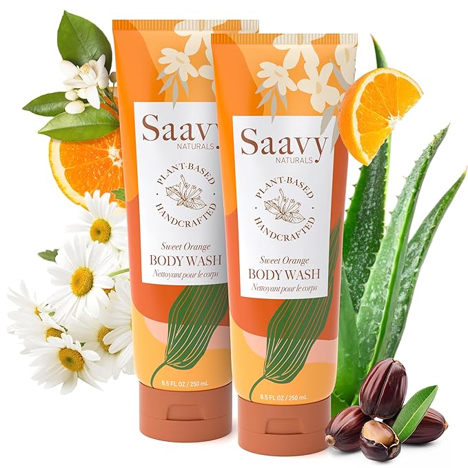 Saavy Naturals Moisturizing Body Wash for Sensitive Skin – Plant-Based & Pure with Coconut Oil, Shea Butter & Aloe Vera – Paraben-Free, Cruelty-Free – Sweet Orange – 8.5 fl oz, 2 pack