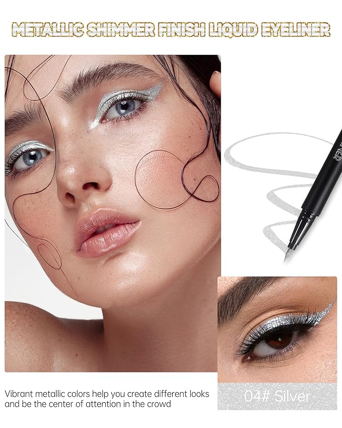 Silver Diamond Glitter Liquid Eyeliner Pen, Shimmer Eye Liner Waterproof Long-Stay, Metallic Satin Finish Colored Eyeliner, Ultra-Fine Tip Smudge-Proof, High Pigmented Eye Brightener Pen for Stage-04