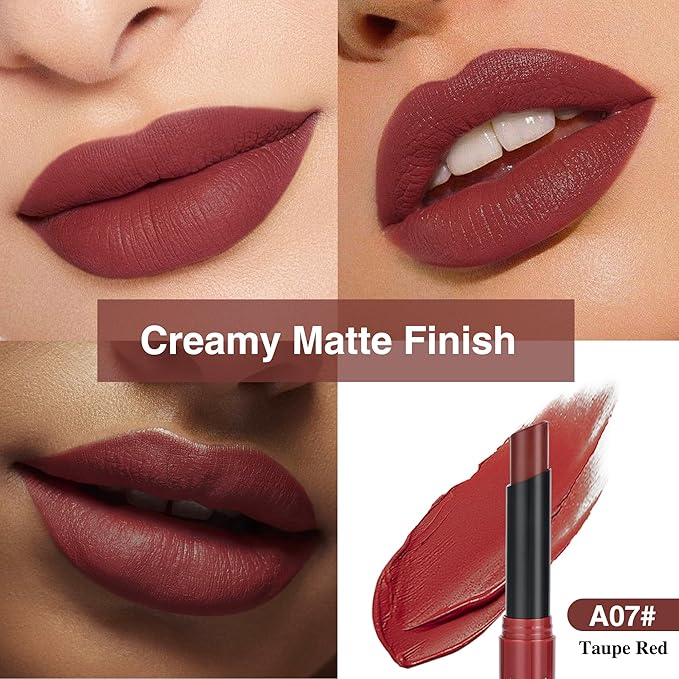 Taupe Red Lipstick for Women，Matte Velvet Satin Lipsticks，Hydrate Lip stick Non-Drying Long Lasting Lip Stain Daily Makeup，Creamy Silky Texture，Highly pigment Formula，Vegan & Cruelty-Free，A07#