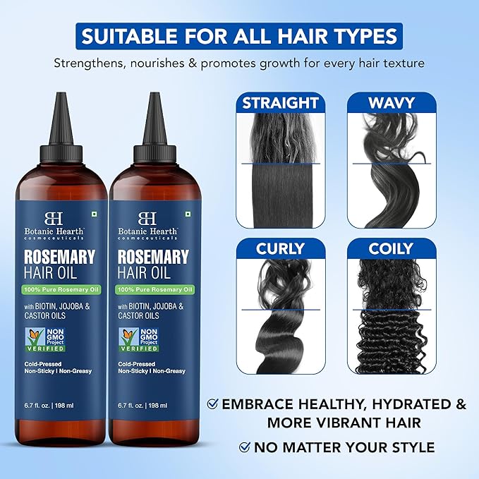 Botanic Hearth Hair Oil for Hair Growth | Rosemary Oil for Hair Growth with Biotin, Castor & Jojoba | Hair Relaxers & Dry Scalp Treatment | Color Safe | All Hair Types | 6.7 Fl Oz (2 Pack)