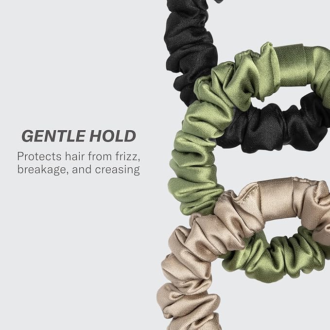 Rizos Curls Vegan Silk Mini Scrunchie - Gente Hold For No Crease and Breakage Protection, Damage & Frizz Free Hair Tie, 3-Pack, Nude