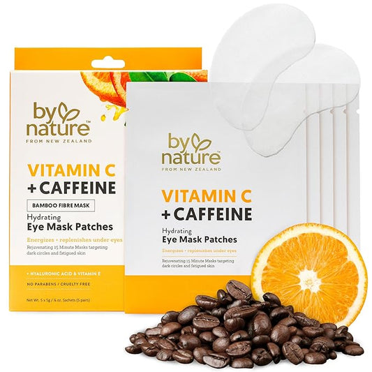 By Nature Vitamin C + Caffeine + Hydrating Under Eye Mask Patches - Energizing + Replenishing Eye Patches for Dark Circles - Skincare from New Zealand - Under Eye Patches - 5 Pairs
