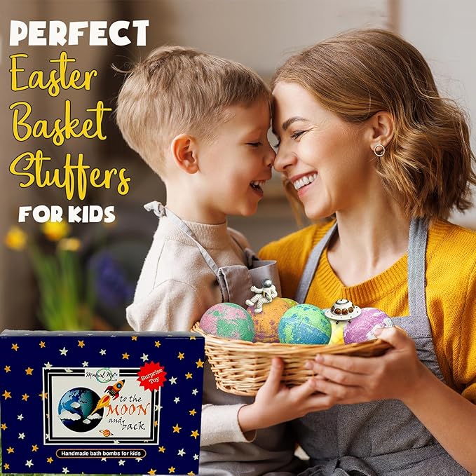 Galaxy Bath Bombs for Kids with Surprise Inside, Organic Bubble Bath Bombs with Educational Outer Space Planet Toys. Gentle, Natural & Kids Friendly, Easter Basket Essentials for Boy, Toddlers, Girls