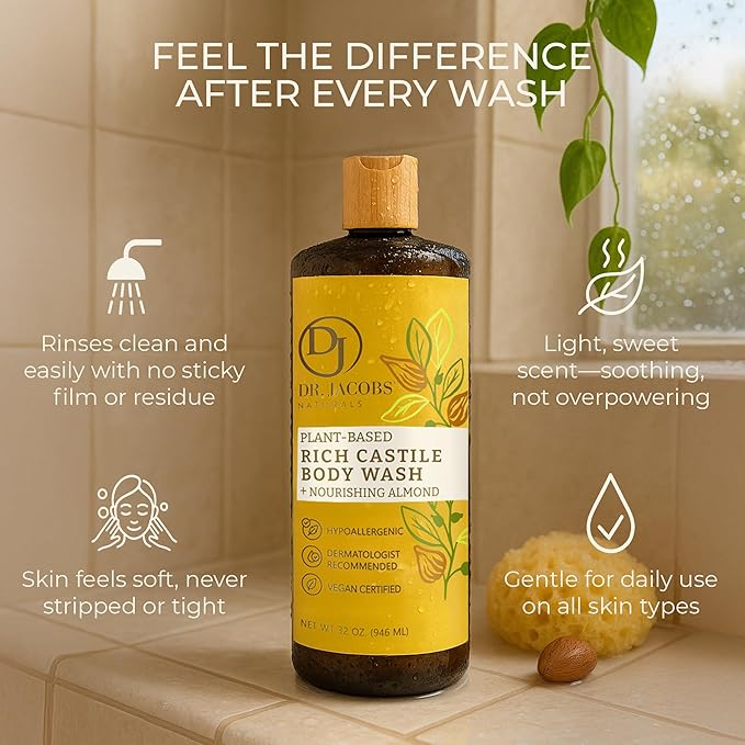 Dr. Jacobs Naturals Pure Castile Soap Liquid Body Wash, Almond - Plant Based Castile Soap Infused with Vitamin E and Aloe Vera to Moisturize Dry and Sensitive Skin - Made in The USA - 32 oz, Pack of 3