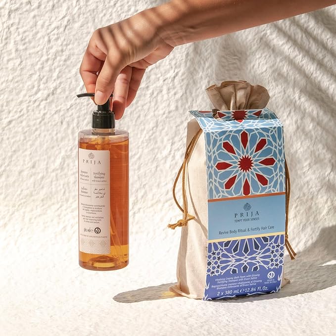 Prija Hair and Body Gift Pack (Includes Vitalizing Creamy Bath Foam with Ginseng and Fortifying Shampoo with Eruca Sativa) - Vegan Friendly - Dermatologically Tested - Made with 100% Recycled Bottle