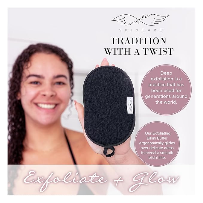 Seraphic Skincare Bikini Buffer – 100% Vegan Viscose Scrub Mitt For Women (2pc) – Gently Exfoliates Dead Skin – Ingrown Hair & Razor Bumps Treatment on Bikini Area – Natural & Effective Exfoliation