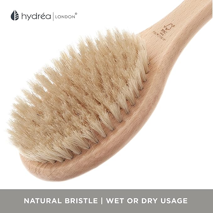 Hydrea London Body Brush Long Handled Exfoliating Back Scrubber, Natural Bristle, Dry Brush Cellulite Remover, Exfoliating Body Scrubber, Helps Improve Lymphatic Drainage - FSC® Certified Beechwood.