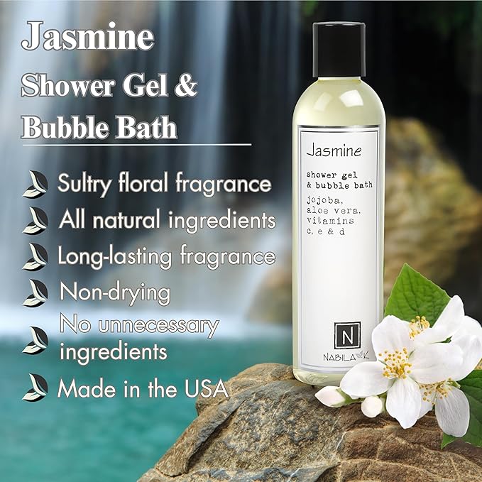 Nabila K Jasmine Shower Gel & Bubble Bath, 9 oz – Non-Drying Body Wash with Jojoba, Aloe Vera & Vitamins – Naturally-Derived, Sulfate-Free – Made in USA – For Men & Women