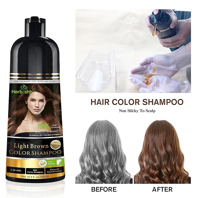 Herbishh Color Shampoo for Gray Hair Coverage (Light Brown) –Hair Dye 3-in-1 Shampoo- Colors in Minutes – Lasts Up To 2-3 Weeks – 500 mL – Ideal for Men & Women