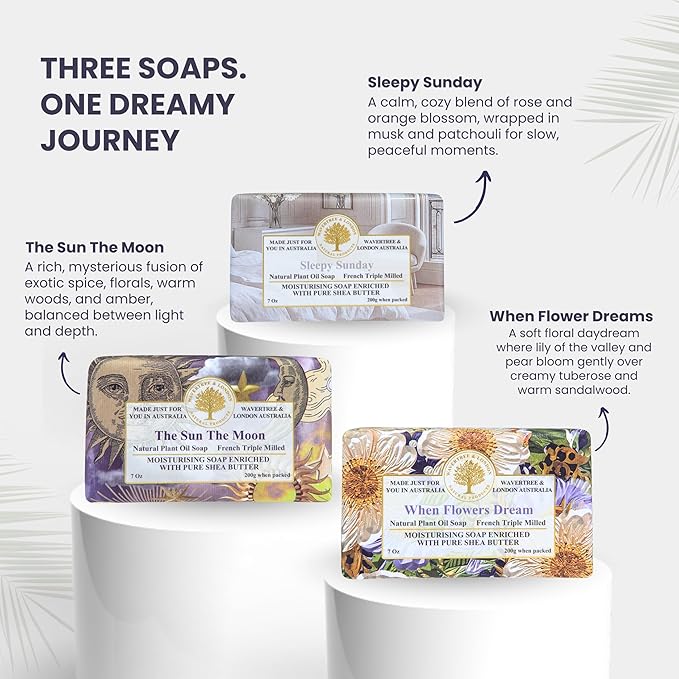 Wavertree & London Dreams Bar Soap Gift Set, 3 Pack Australian Triple Milled Natural Bar Soap with Organic Shea Butter & Essential Oils, Moisturizing Plant-Based Bath & Body Soap Bars for Women & Men