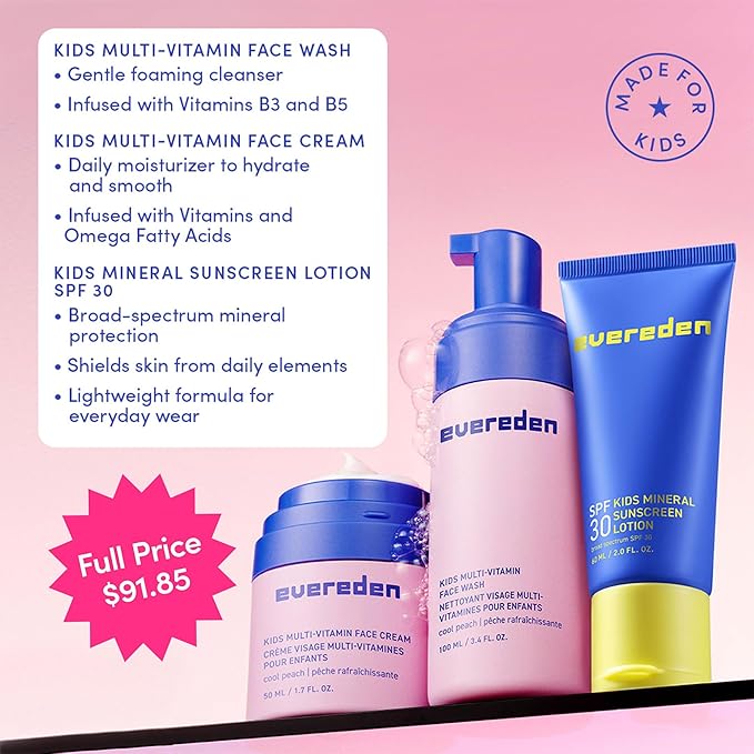 Evereden Kids Daily 1-2-3 Routine Bundle with Multi-Vitamin Kids Face Wash, Face Cream, SPF 30 & Spa Headband – Non-Toxic, Dermatologist-Tested & Gentle Skincare for Kids – Perfect for Daily Care