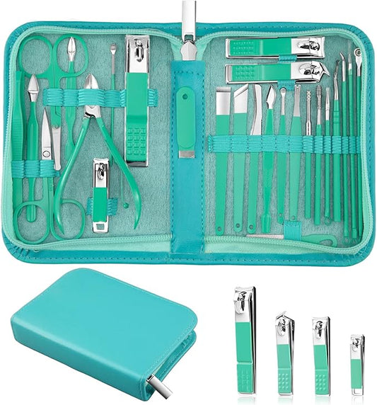 Travel Manicure Set 26-Piece, Portable Nail Clippers Kit with PU Case, Carbon Steel Clippers, 410 Stainless Steel Grooming Tools, Hand Foot Facial Care for Luggage Backpack（Green）