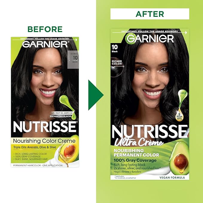 Garnier Nutrisse Ultra Crème Hair Color, Permanent Hair Dye with 100% Gray Coverage, Vegan & Cruelty-Free, 10 Black (Licorice), 1 Count