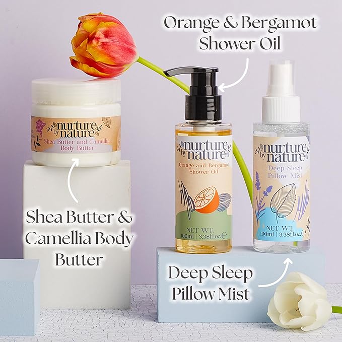 Nurture by Nature New Mom Self Care Gift Set with Body Scrub, Lavender Pillow Spray, Sleep Mask, Body Butter, Shower Gel & Bath Salts - Vegan Friendly - Stocking Stuffer, Baby Shower Gift Basket