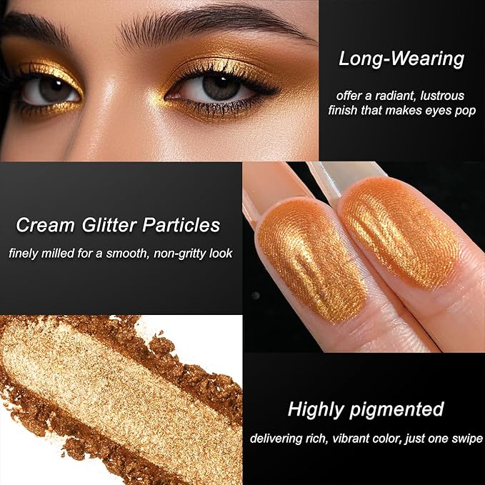 DE'LANCI Gold Eyeshadow Cream Shimmery, Richly Pigmented Warm Fall Gold Cream Eyeshadow Eyes Makeup, Silky Texture Easy to Apply Sunset Orange Glitter Creme Eye Shadow for Dark Skin Women Girls, 06#