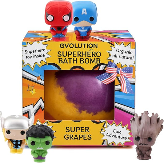 EvolutionUSA 1pc Epic Superhero Bath Bombs for Kids – Super Hero Bath Bomb with Toy Inside, Lush Children Bathbomb Easter, Organic Bathbomb with Surprise Inside, Fun Superhero Bath Fizzer Valentines