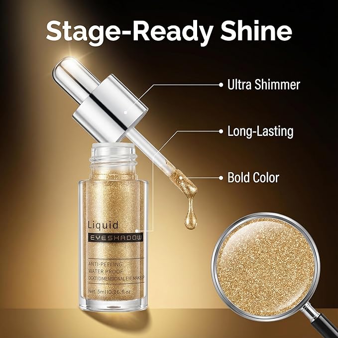 Beige Gold Shimmer Liquid Eyeshadow, Longwear Waterproof Eye Shadow Cream, Buildable Highly Pigmented Blendable Eye Makeup, Vegan Cruelty-Free Paraben-Free for Older Women Stage makeup 05#