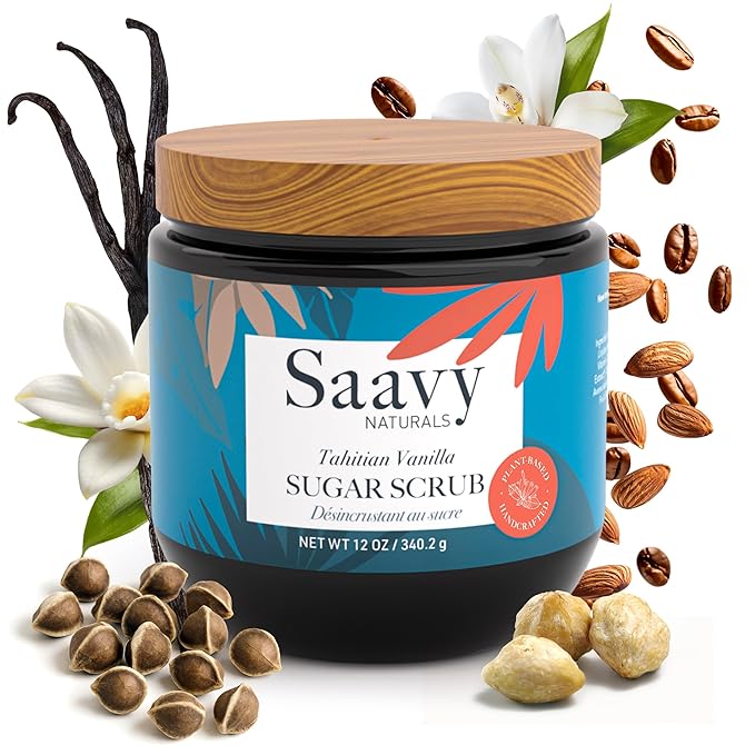 Saavy Naturals Body Scrub - Scented Sugar Vanilla Extract, Natural Body Scrub & Vegan Exfoliating with Vitamin E, Gentle for Sensitive Skin – Made in USA – Tahitian Vanilla (1 Pack) - 12 oz