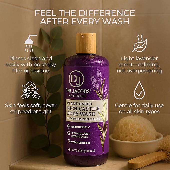Dr. Jacobs Naturals Pure Castile Soap Liquid Body Wash, Lavender - Plant Based Soap Infused with Vitamin E and Aloe Vera to Moisturize Dry and Sensitive Skin - Made in the USA - 16 oz, Pack of 2