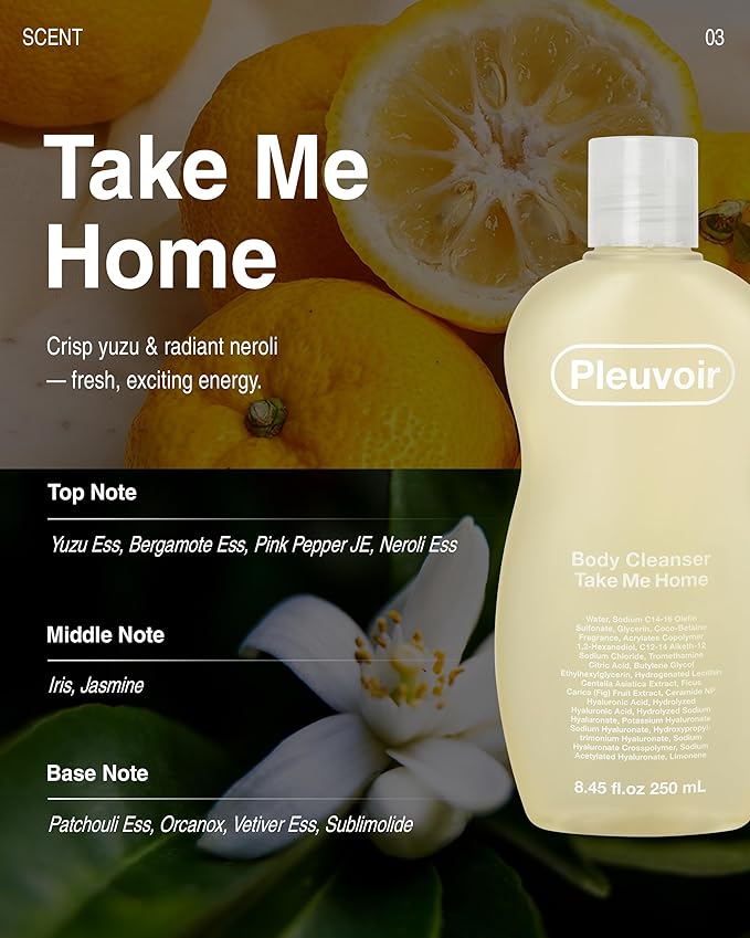Pleuvoir Body Cleanser Take Me Home - Perfume Body Wash - Yuzu Neroli Citrus Floral Scent - Rich Moisturizing Foam with 8 Types Hyaluronic Acid Ceramides - Vegan K-Beauty, 8.45 fl.oz