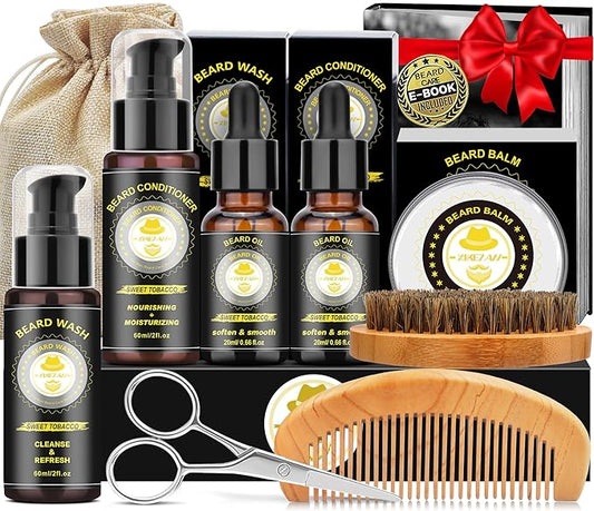 XIKEZAN Gifts for Men, Beard Kit for Mens Care & Grooming with Sweet Tobacco Beard Oils,Wash,Conditioner,Balm,Brush,Comb,Scissors,Cool Birthday Valentines Fathers Christmas Gifts for Men Him Husband