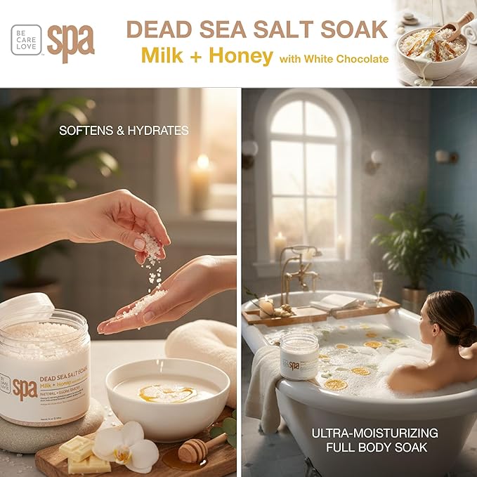 BCL SPA Dead Sea Salt Soak - Bath Salt with Organic Milk + Honey, White Chocolate, Shae Butter, Arnica, Aloe Vera Juice, Chamomile, Argan & Jojoba Oil Skin Exfoliator - Home/Professional Use 16 fl oz