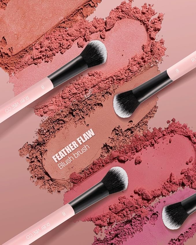 FeatherFlaw Blush Brush 020, Tapered Cheek Brush, Synthetic Vegan Bristles, Pink Wood Handle, For Blush and Highlighter Application, Pressed and Loose Powders | RUBY VIBE CO