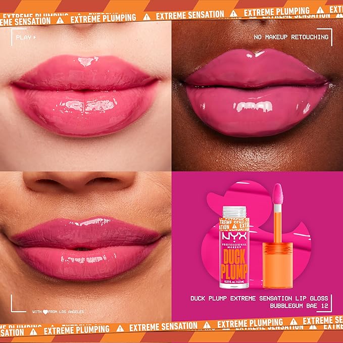 NYX PROFESSIONAL MAKEUP Duck Plump High Pigment Plumping Lip Gloss with Spicy Ginger, Vegan Lip Makeup - Bubble Gum Bae (Bubblegum Pink)