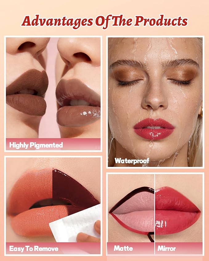 2 In 1 Peel Off Lip Stain Oil Set, Dual Ended Waterproof Long Wear Tattoo Lipliner with Clear Lip Gloss, Transfer-Proof and Non Sticky Peel Off Lips Tint Stain, Matte & Mirror Finish Lipstick-01