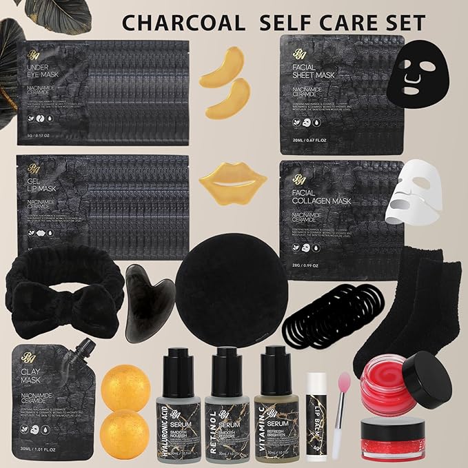 55 Pcs Valentines Day Gifts for Women & Men, Charcoal Face Sheet Mask Pack, Hydrating Skin Care Set, Hydrolyzed Mask, Hyaluronic Acid Serum, Self Care Kit, Birthday, Christmas, Dad, Mom